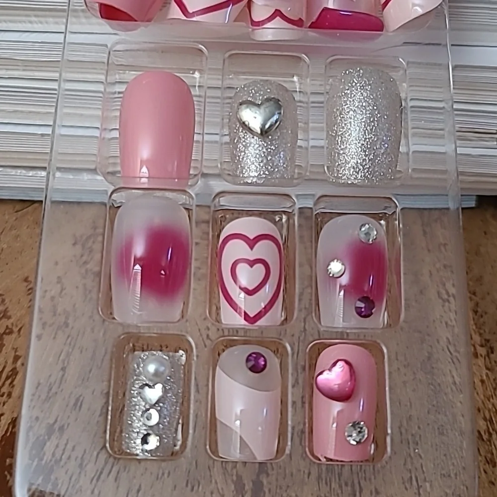 2/$16 Rhinestone Hearts Pink Press on Nails